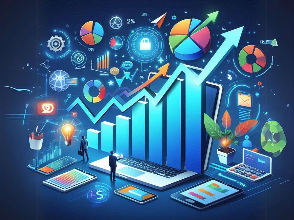 Ilustração moderna de uma pequena empresa cercada por ícones de SEO, redes sociais, email marketing e marketing de conteúdo, representando diversas estratégias de marketing digital